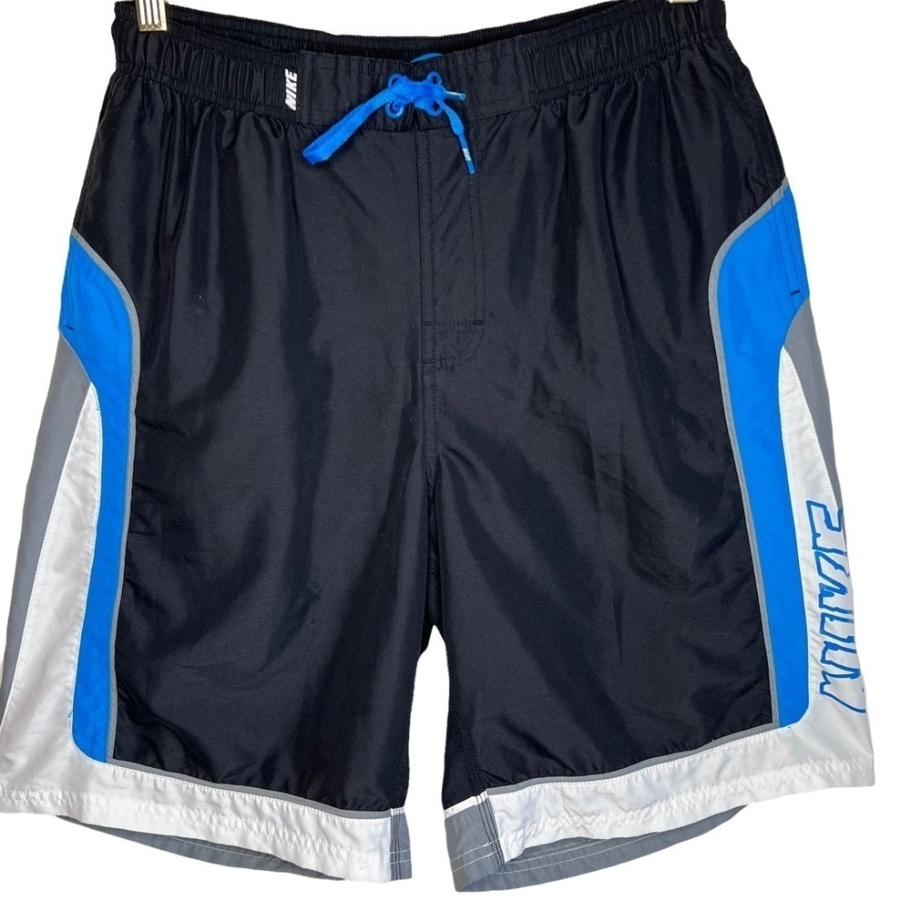 Y2K Nike Color Block Relaxed Fit Swim Trunks Size Large Blue Black Elastic Waist